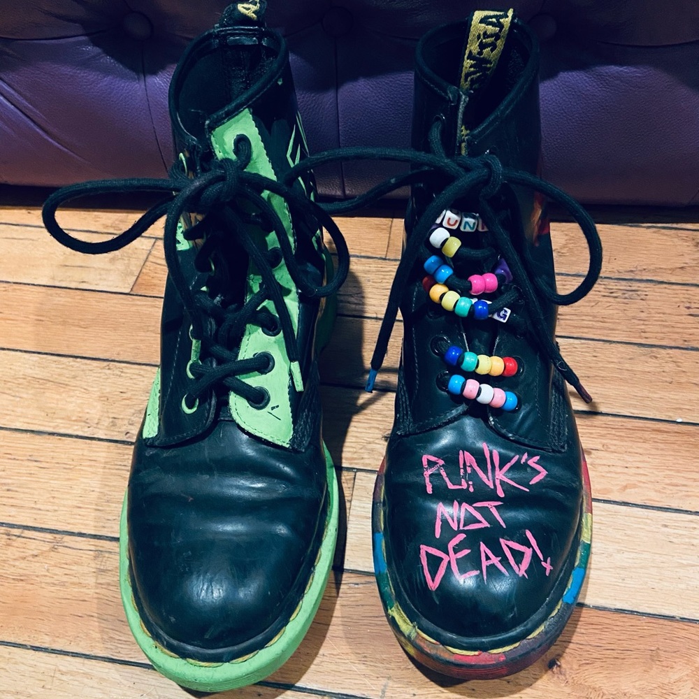 Dr. Martens Black & Neon Green Punk Boots with Colorful Beads